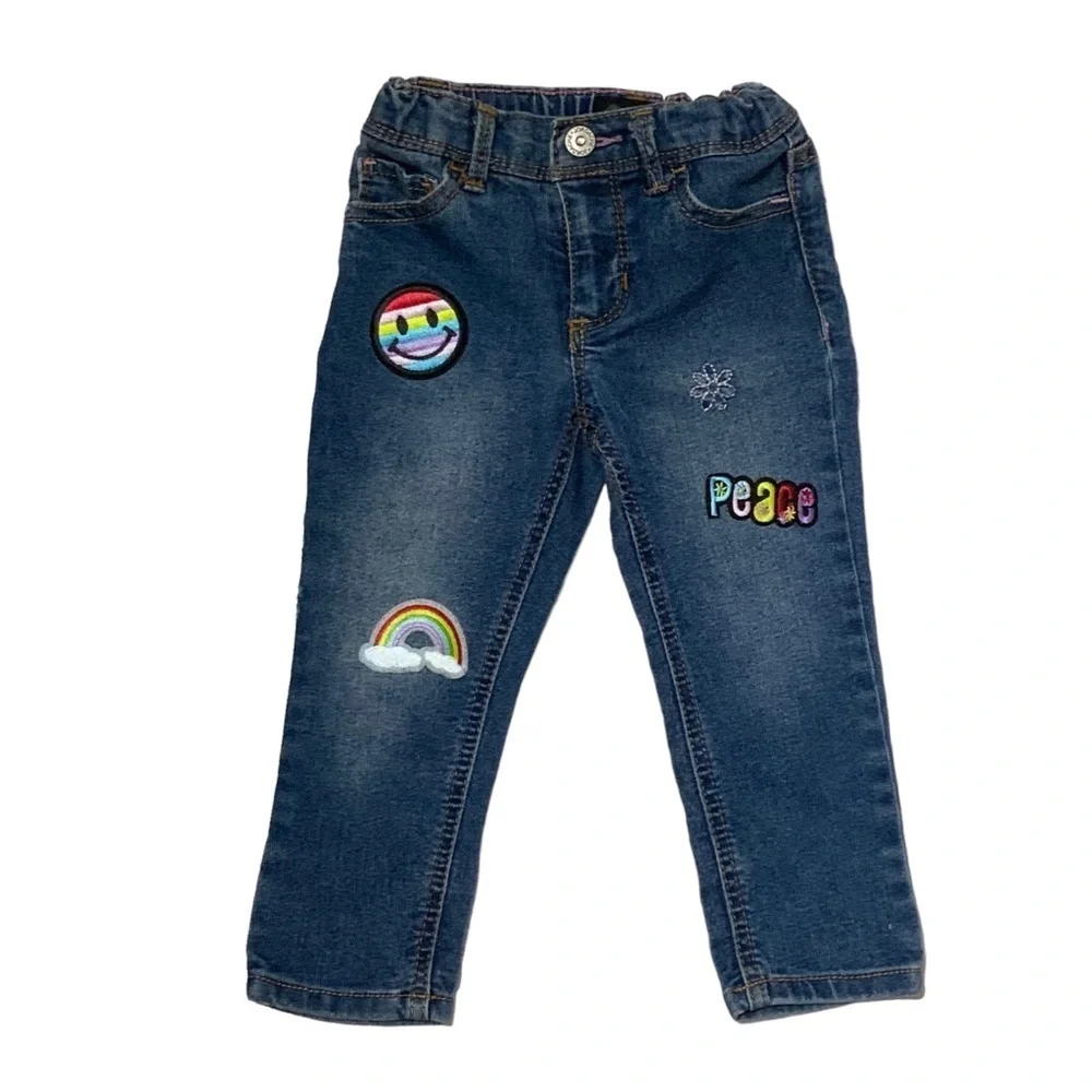 Jordache Jean Retro Hippie 60’s Distressed Dark Wash Embroidered Patches Girl 2T
